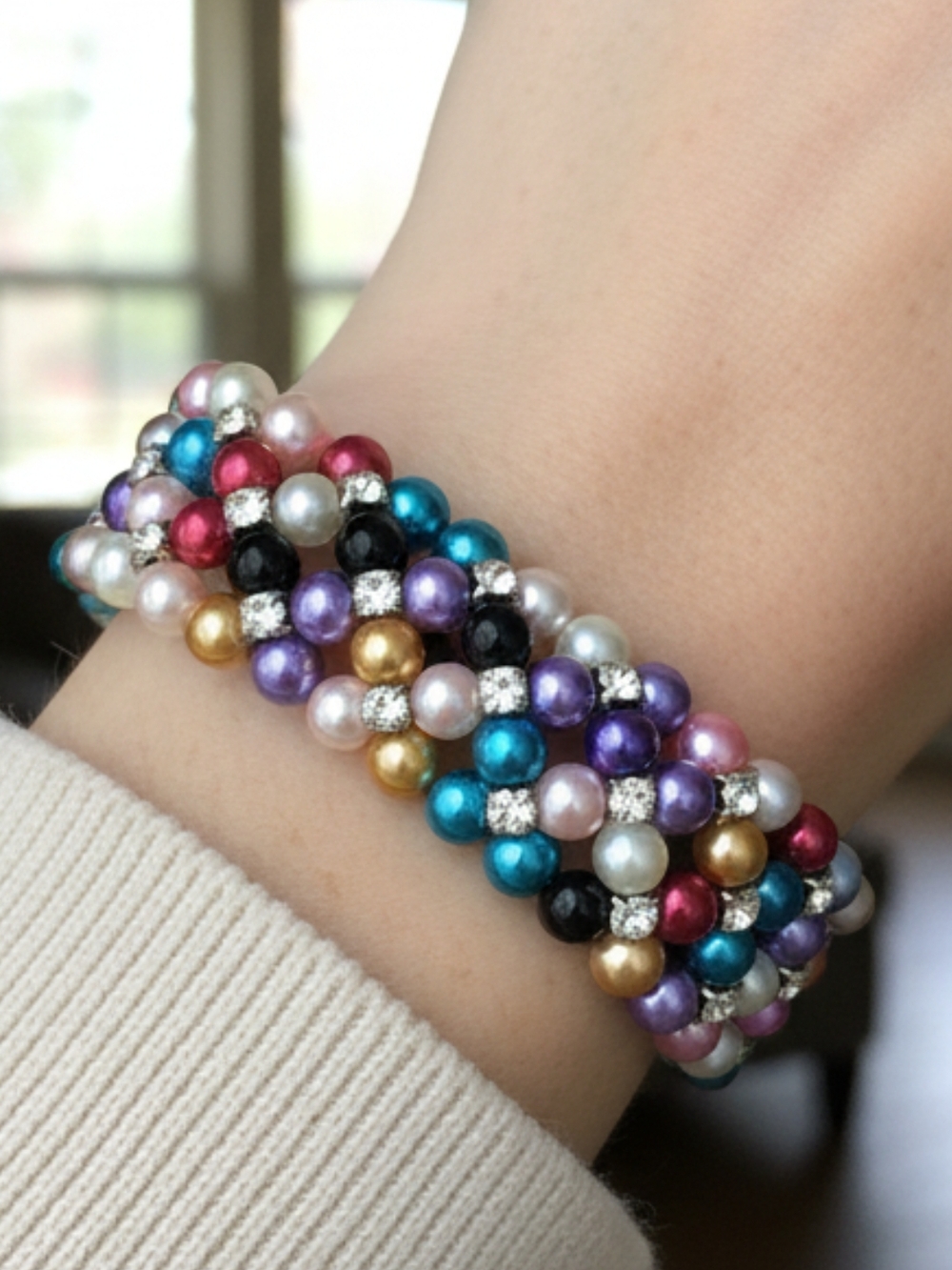 Multicolor Pearl Bead Stretch Bracelet with Rhinestone Accents